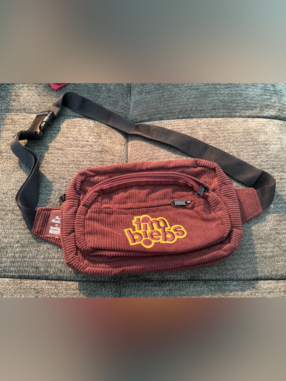 Justin Bieber Maroon Corduroy Belt Bag with Yellow Logo